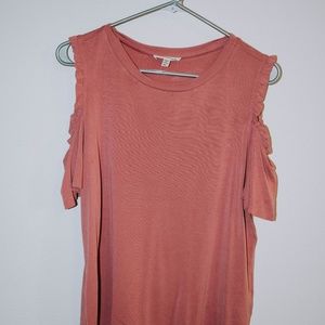 Pink Ruffle-Sleeved Tee Open Shoulder